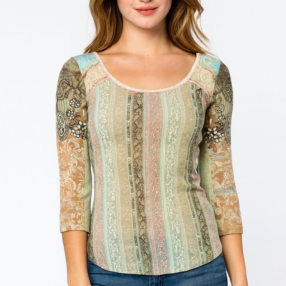 Vintage Y2K Edista Top Printed Lace Front Grunge Fairy Cottagecore Boho size M